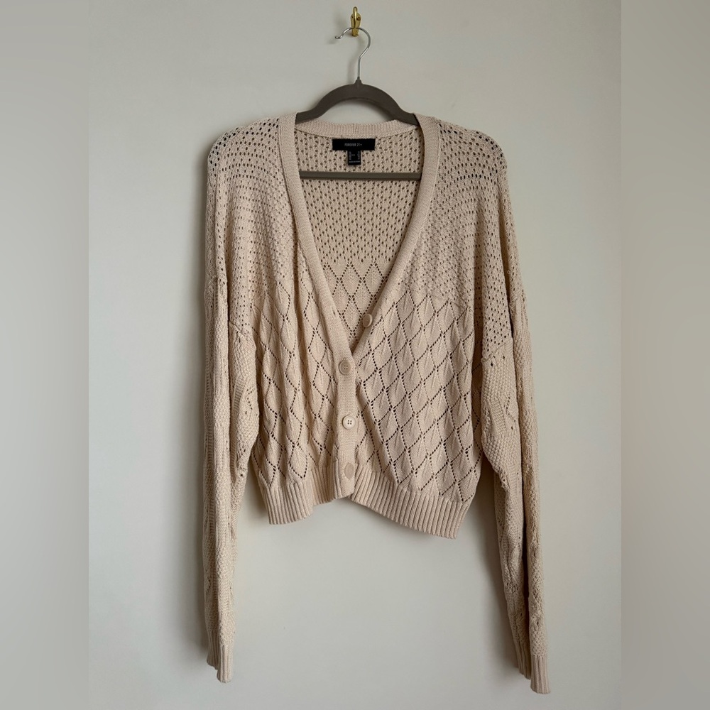 Forever 21+ Cream Open Knit Button Cardigan Size 1X